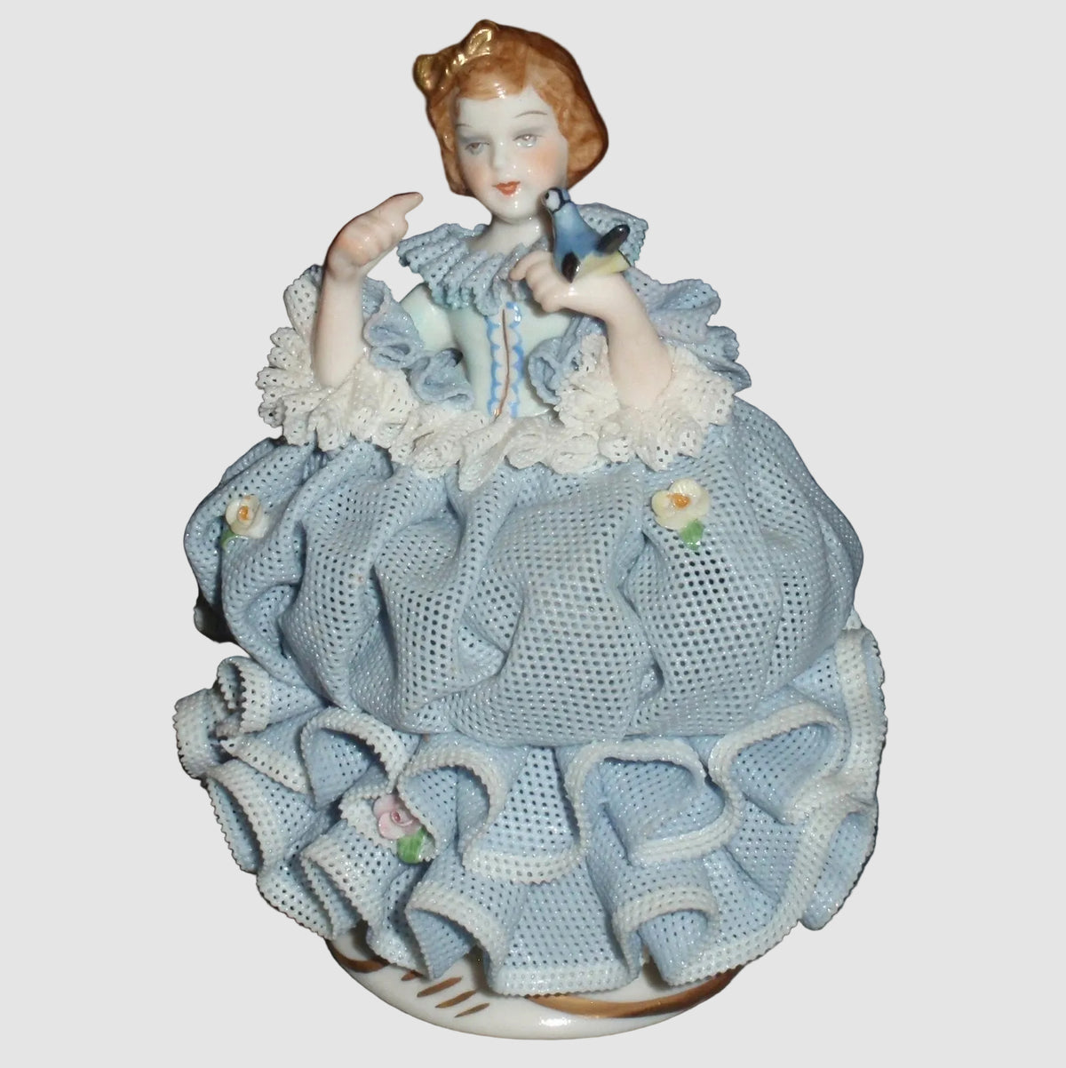 "Little Bluebird" Irish Dresden Porcelain Lace Figurine (Blue Dress - 4.5")