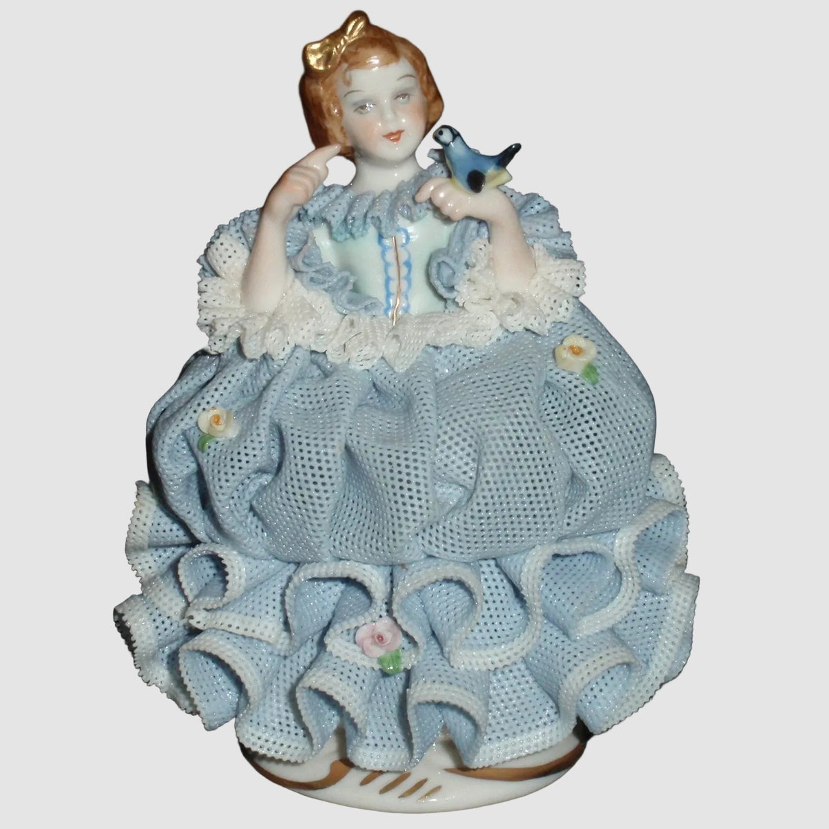 "Little Bluebird" Irish Dresden Porcelain Lace Figurine (Blue Dress - 4.5")