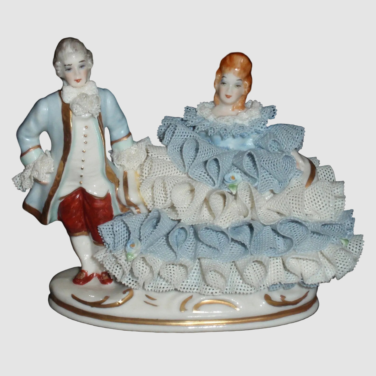 Irish Dresden Victorian Lace Figurine Good Companions Couple Man Woman Blue Dress Porcelain Lace Fine Ceramic Vintage Ireland