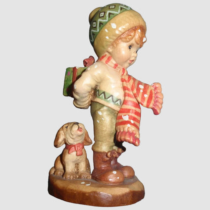 Tis The Season ANRI Sarah Kay Hand Carved Wood Christmas Figurine 4 Inch Boy Puppy Dog Italian Woodcarving