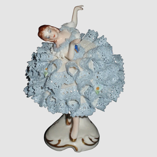 Ninette Irish Dresden Porcelain Lace Ballerina Dancer Figurine Blue Dress Vintage Irish Ceramics Collectible
