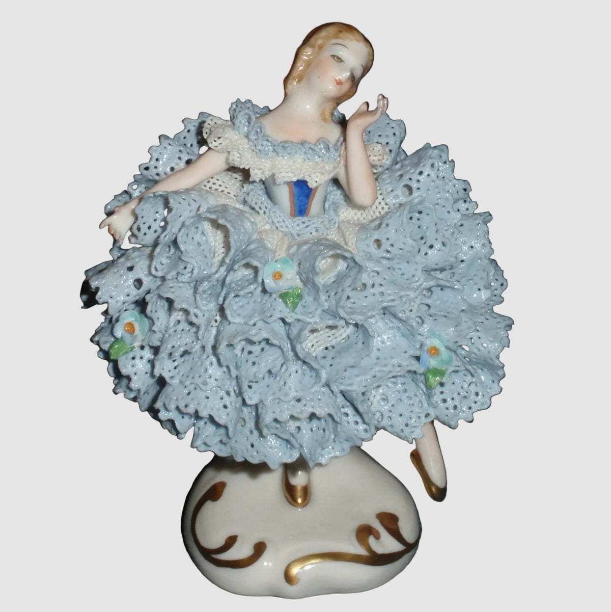 "Lorraine" Irish Dresden Porcelain Lace Ballerina Dancer Figurine (Blue Dress - 4")