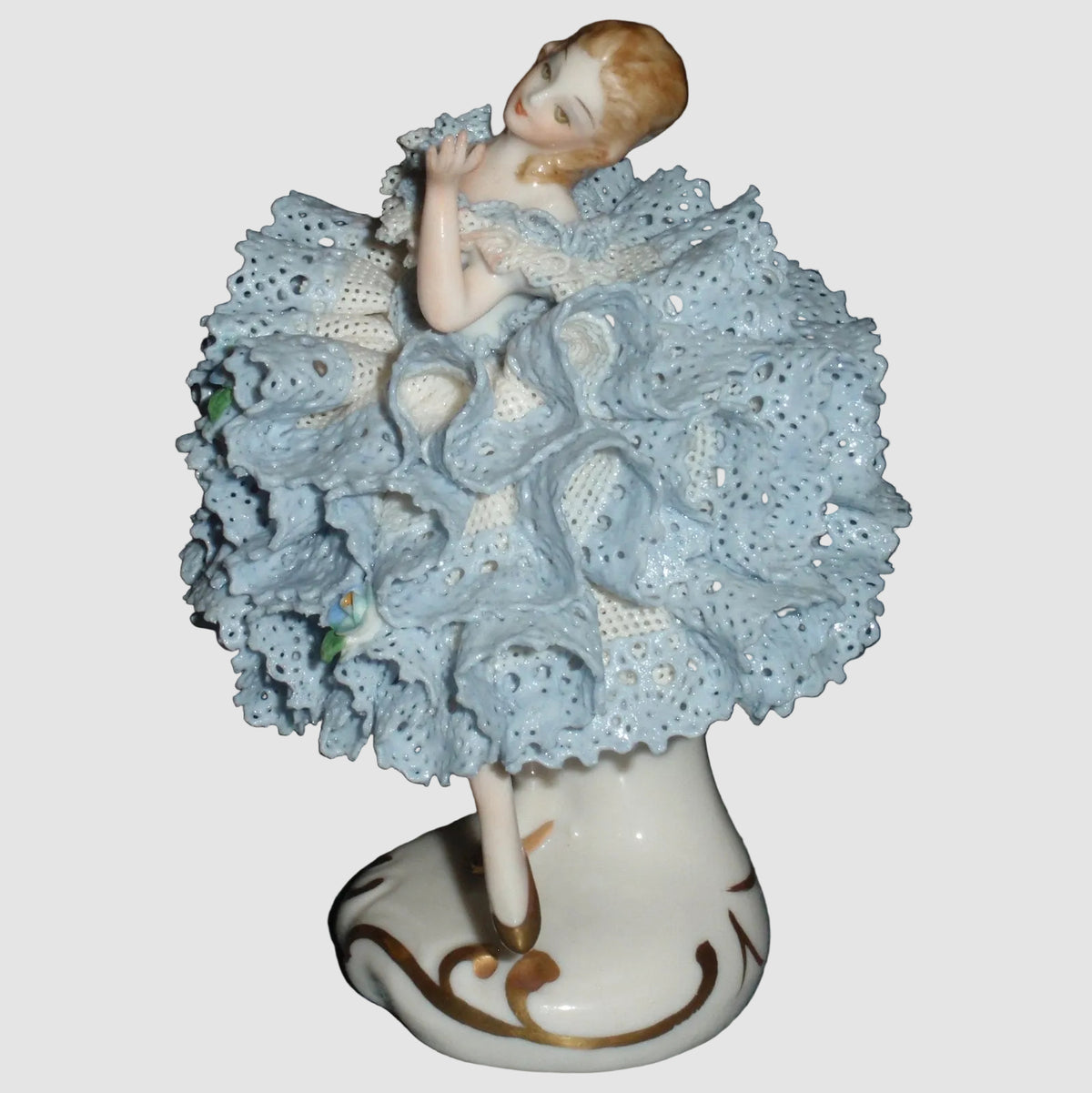 Lorraine Irish Dresden Porcelain Lace Ballerina Dancer Figurine Blue Dress Vintage Irish Ceramics Collectible