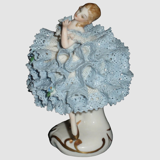 Lorraine Irish Dresden Porcelain Lace Ballerina Dancer Figurine Blue Dress Vintage Irish Ceramics Collectible