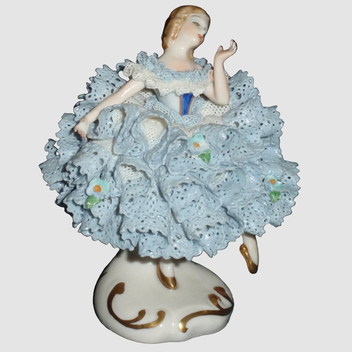 "Lorraine" Irish Dresden Porcelain Lace Ballerina Dancer Figurine (Blue Dress - 4")
