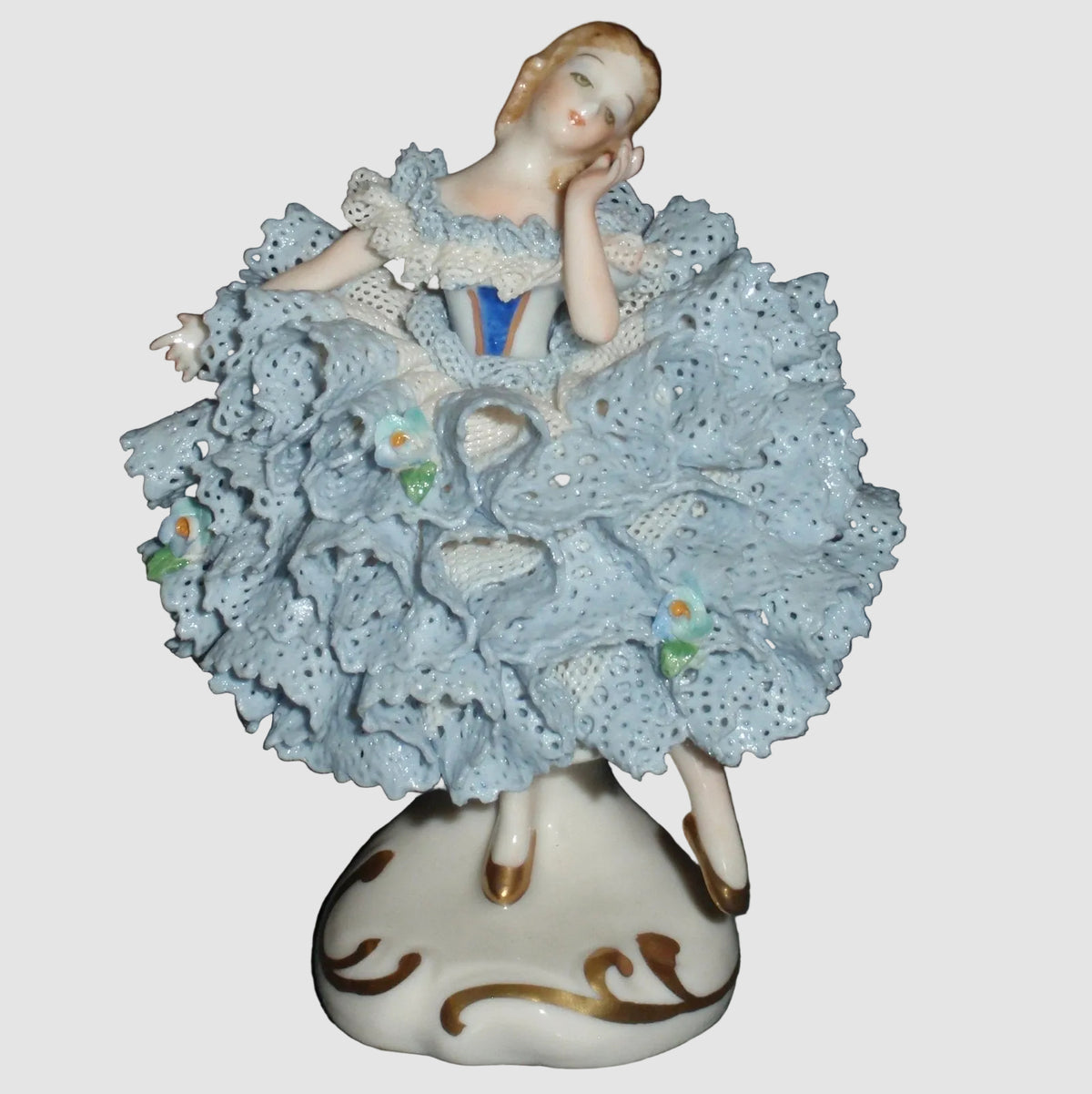 "Lorraine" Irish Dresden Porcelain Lace Ballerina Dancer Figurine (Blue Dress - 4")