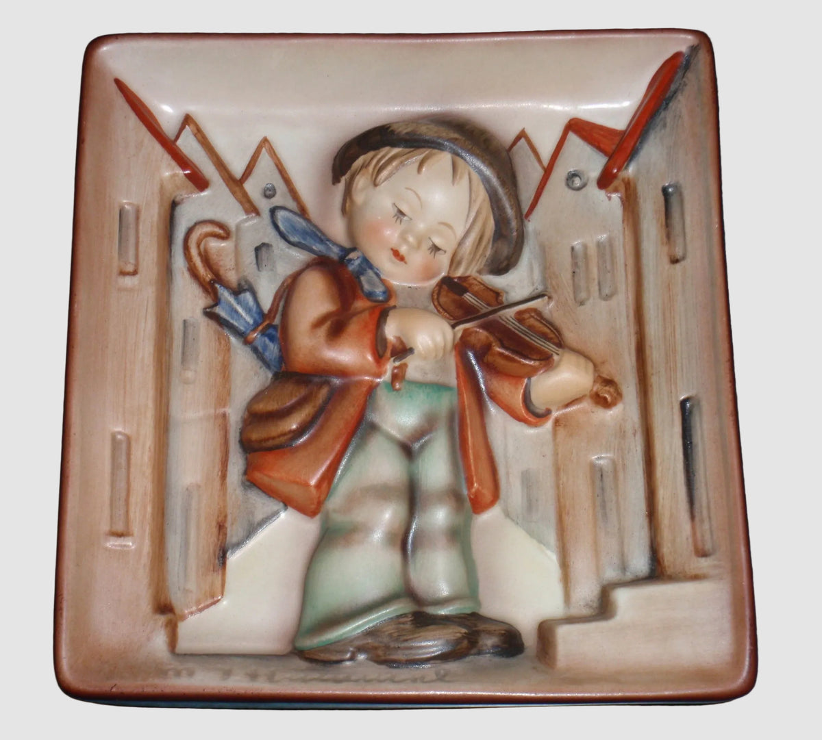 Goebel Hummel Little Fiddler Wall Plaque Figurine 93 Boy Fiddle Violin Village Scenery Vintage Germany Porcelain
