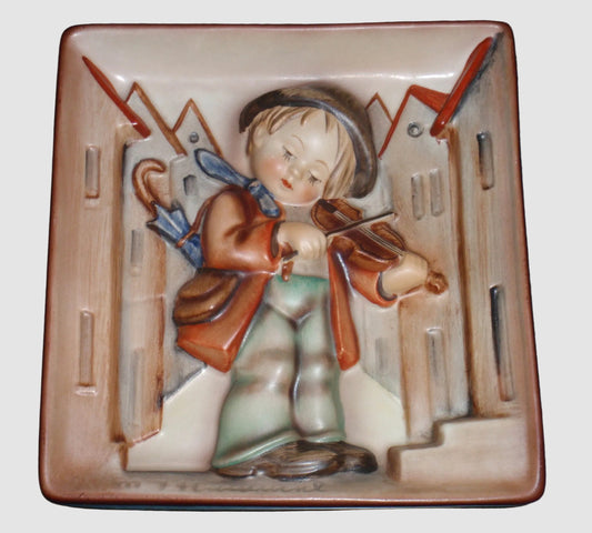 Goebel Hummel Little Fiddler Wall Plaque Figurine 93 Boy Fiddle Violin Village Scenery Vintage Germany Porcelain