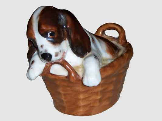 Royal Doulton Cocker Spaniel Dog In Basket Figurine HN2586 Puppy Chewing Wicker Basket Furry Friends Vintage England Porcelain Bone China