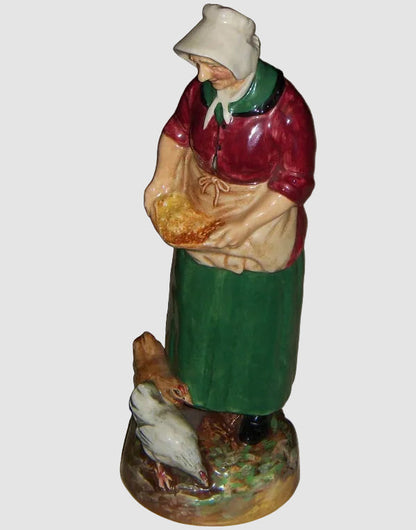 Royal Doulton The Farmer's Wife Figurine HN 2069 Leslie Harradine Woman Feeding Chickens Farm Life Vintage England Porcelain Bone China