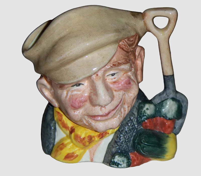 Royal Doulton The Gardener Character Toby Jug D6634 David B Biggs Shovel Handle Vegetables Vintage English Bone China Glossy Finish