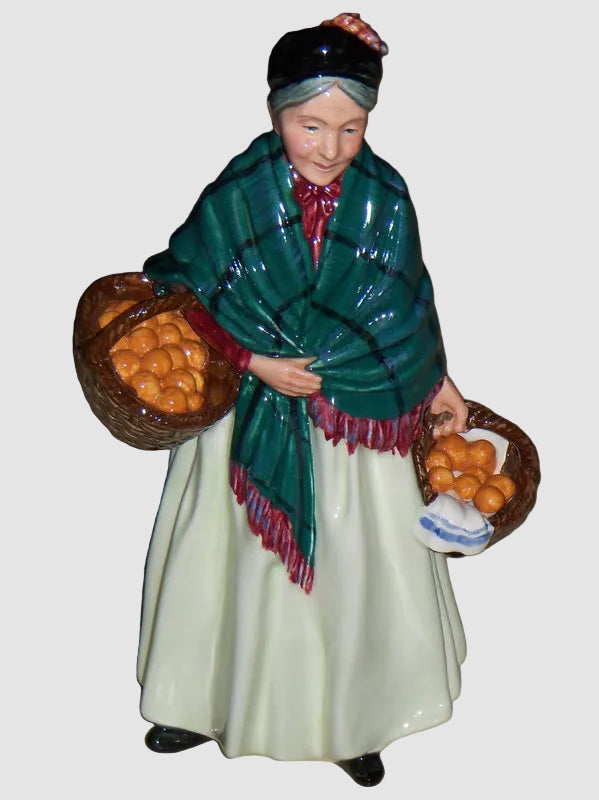 Royal Doulton The Orange Lady Figurine HN 1953 Leslie Harradine Street Vendor Series Green Plaid Shawl Fruit Oranges Baskets Vintage England Porcelain