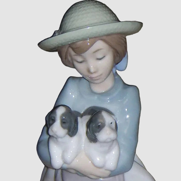 Lladro Nao What An Armful Figurine 1156 Vicente Martinez Girl With Puppies Dogs Furry Friends Vintage Spain Porcelain