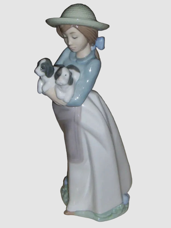 "What An Armful" Lladro Nao Figurine #1156 - Girl With Puppies (10")