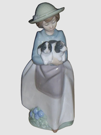 "What An Armful" Lladro Nao Figurine #1156 - Girl With Puppies (10")