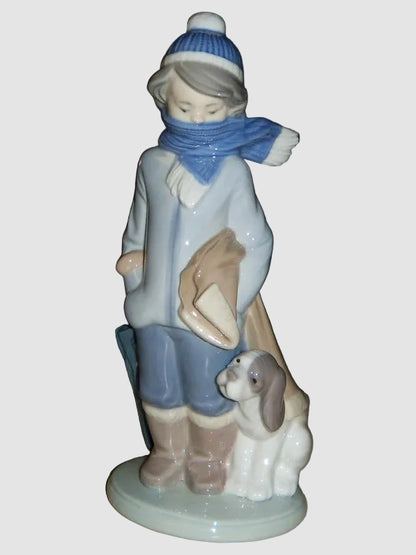Lladro Winter Figurine 5220 Juan Huerta Invierno Infantil Boy With Dog Umbrella Blue Scarf Cold Weather Vintage Spain Porcelain
