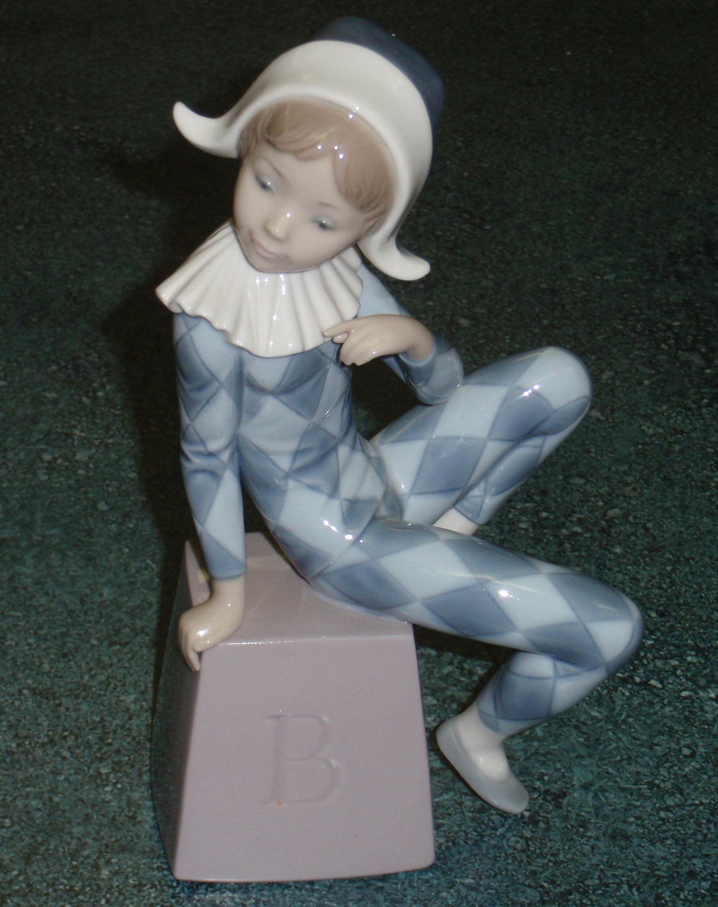 Lladro 5076 "Harlequin B" Figurine - Boy in Blue Clown Suit on Block (8")