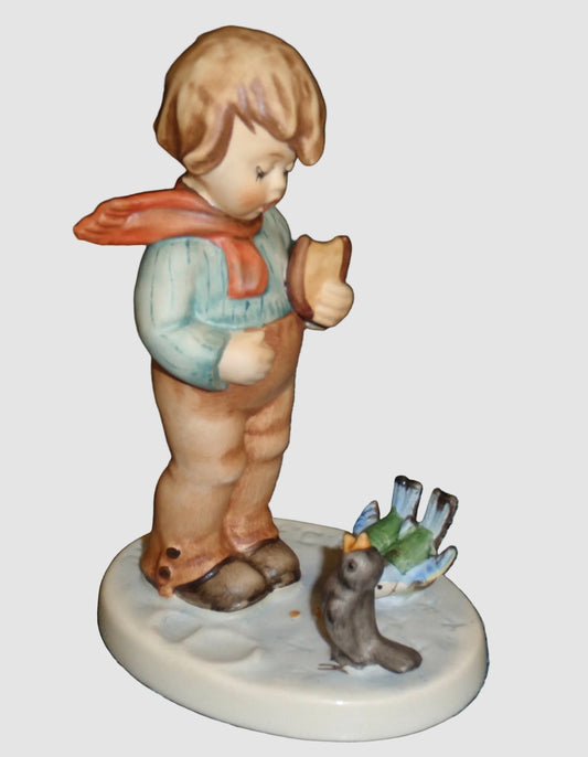 Goebel Hummel Bird Watcher Figurine 300 Tenderness Gerhard Skrobek Boy Feeding Birds Winter Vintage Germany Porcelain